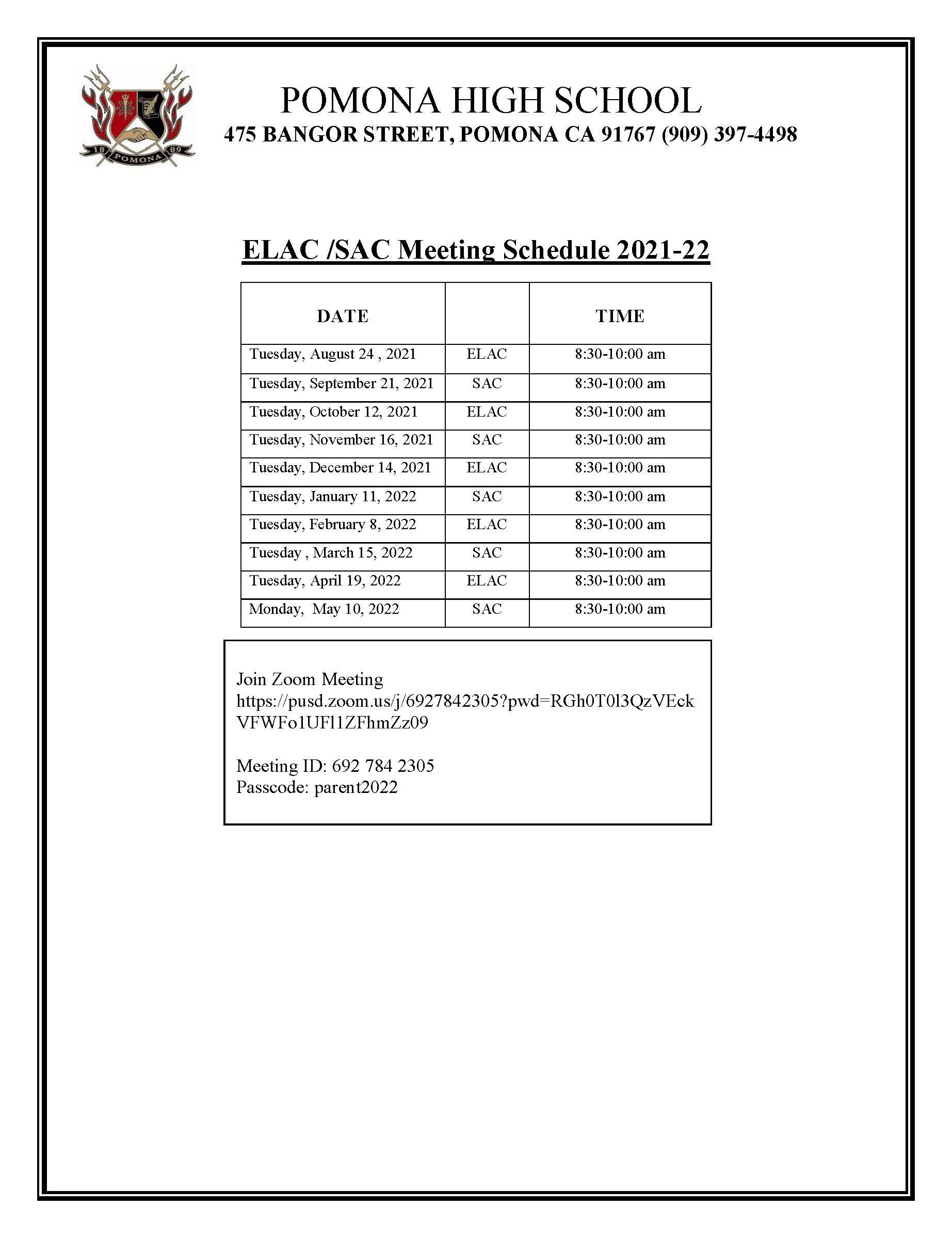 ELACSAC Meetings Calendar 202122 Pomona High School